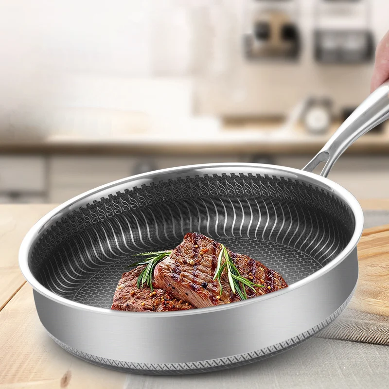 Factory Price Nonstick Fry Pan Tri-ply Honeycomb Frying Pan Stainless Steel Woks With Transparent Lid