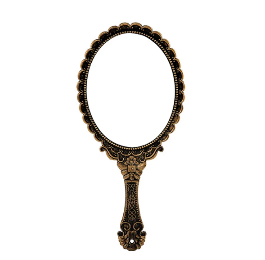 Romantic Retro Lace Pattern edge Handle Mirror Handheld Makeup Portable Small Round Mirror ABSFrame handle Vanity Bronzed mirror