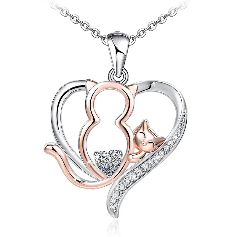 Dainty Animal Sterling Silver 925 Cubic Zirconia Heart Cat Necklace for
