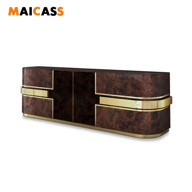 
Rounded silhouette polished gold frame walnut color cabinet 