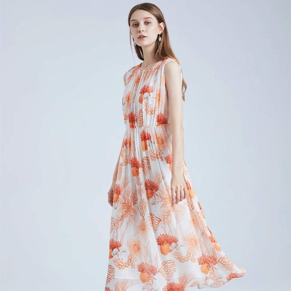 Factory Customized Summer New Design 100%Silk Crinkle Chiffon Classic Floral Print Sleeveless Casual Elegant Dress