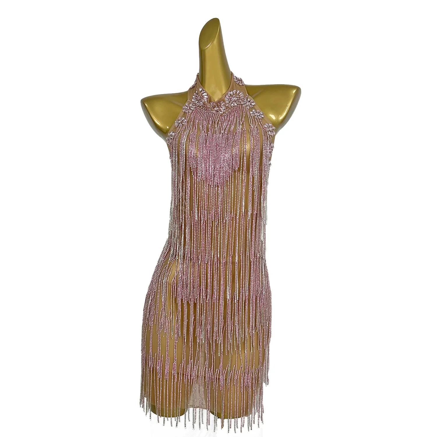 Sexy Rhinestone Birthday Cocktail Bodycon Dress Lady Show Latin Dance Tassel Dress Women Backless Night Club Prom Party Dress