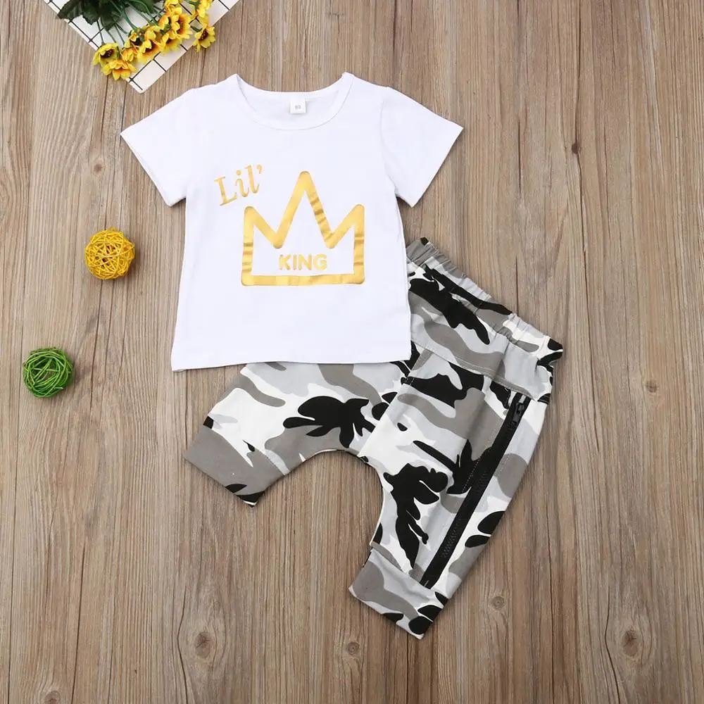 2019 new hot selling crown pattern camouflage pant two piece modern natural baby summer clothes for 1 year old boy
