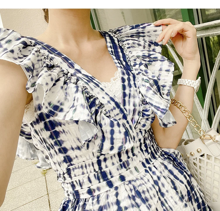 Summer Dress New Temperament Lotus Leaf Heavy Industry Tie-Dye Bronzing Waist Cake Skirt Fashion Dress