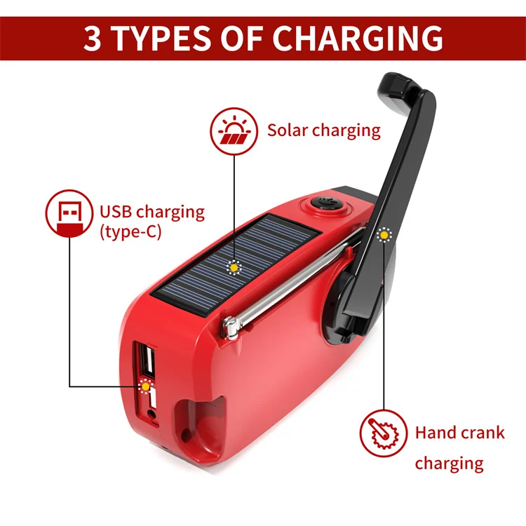 Red Emerncy Power Warning Solar Crank Bank Radio AM/FM Handheld Flashlight