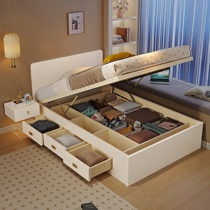 Modern Scandinavian Solid Wooden Double Bed with 3 Drawer Storage for Home and Hotel Family Bedroom Master Bedroom Bed