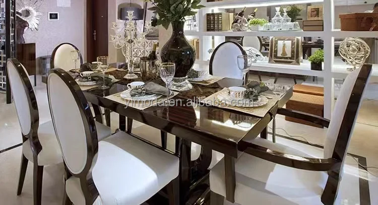 New classy American Dining Table 8-person  black Solid Wood rectangular Dining Table with  6 8 dining chairs