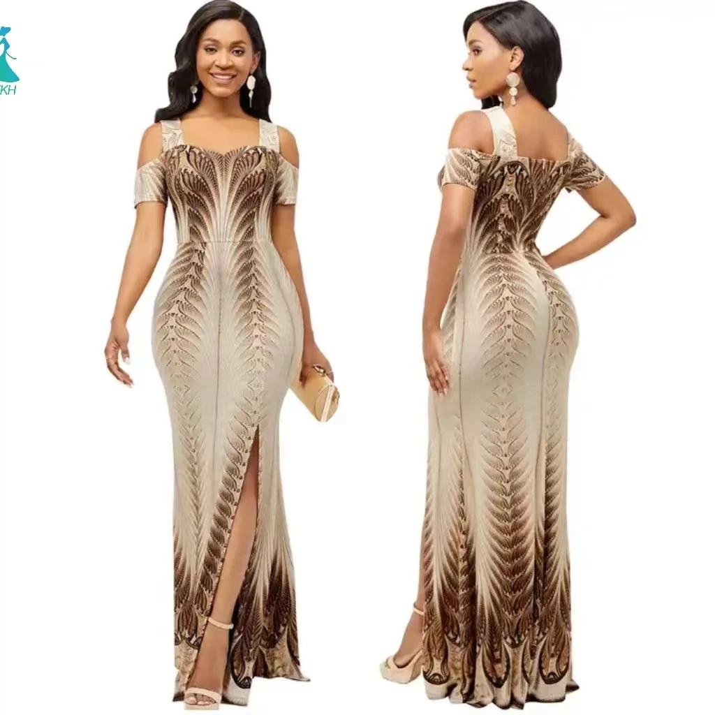 SMR11451 Latest Design Sexy Fashion Digital Print Dress Off Shoulder Long Dresses Women Party Dress For Girl