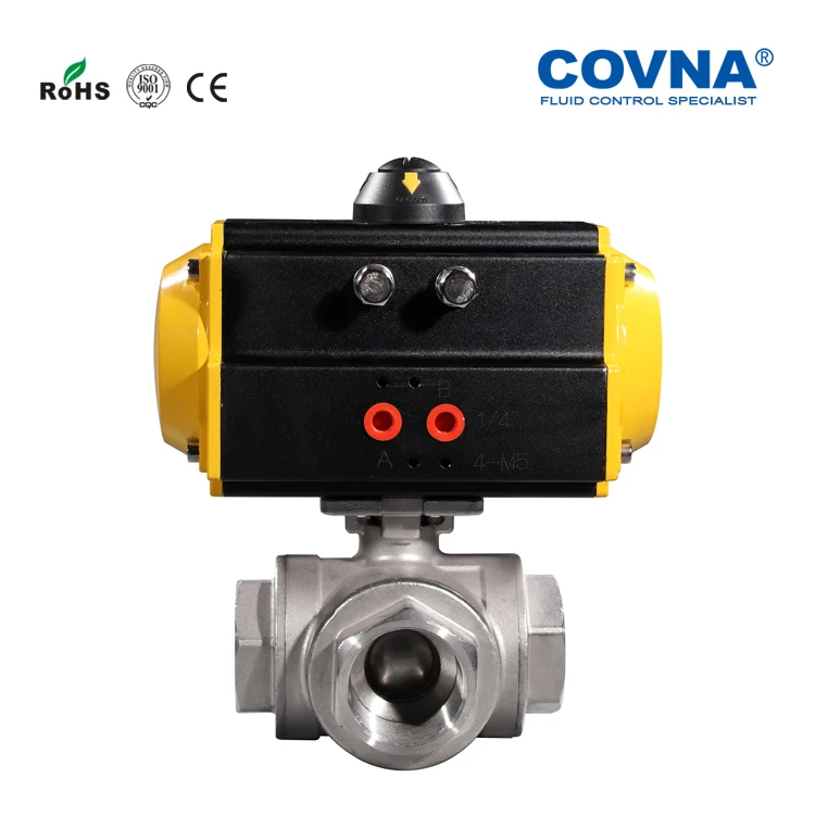 COVNA Actuator Valves Single or Double Acting DN50 Stainless steel Pneumatic Actuated 3 Way Threaded Ball Valve
