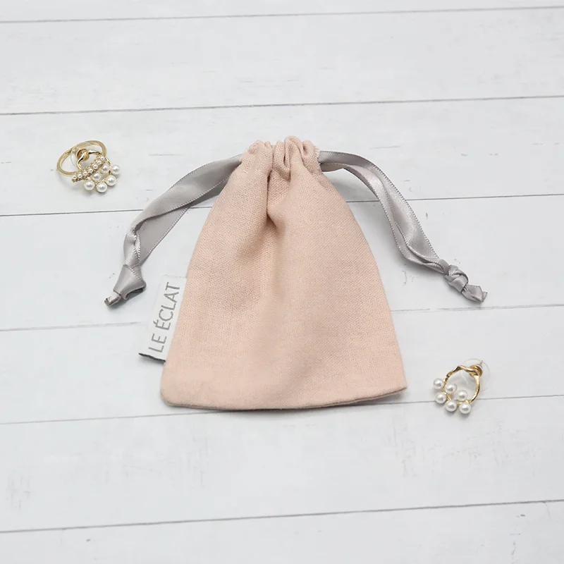 Promotionallinen bags custom mini drawstring pouch cotton linen packaging bag with pink string with logo