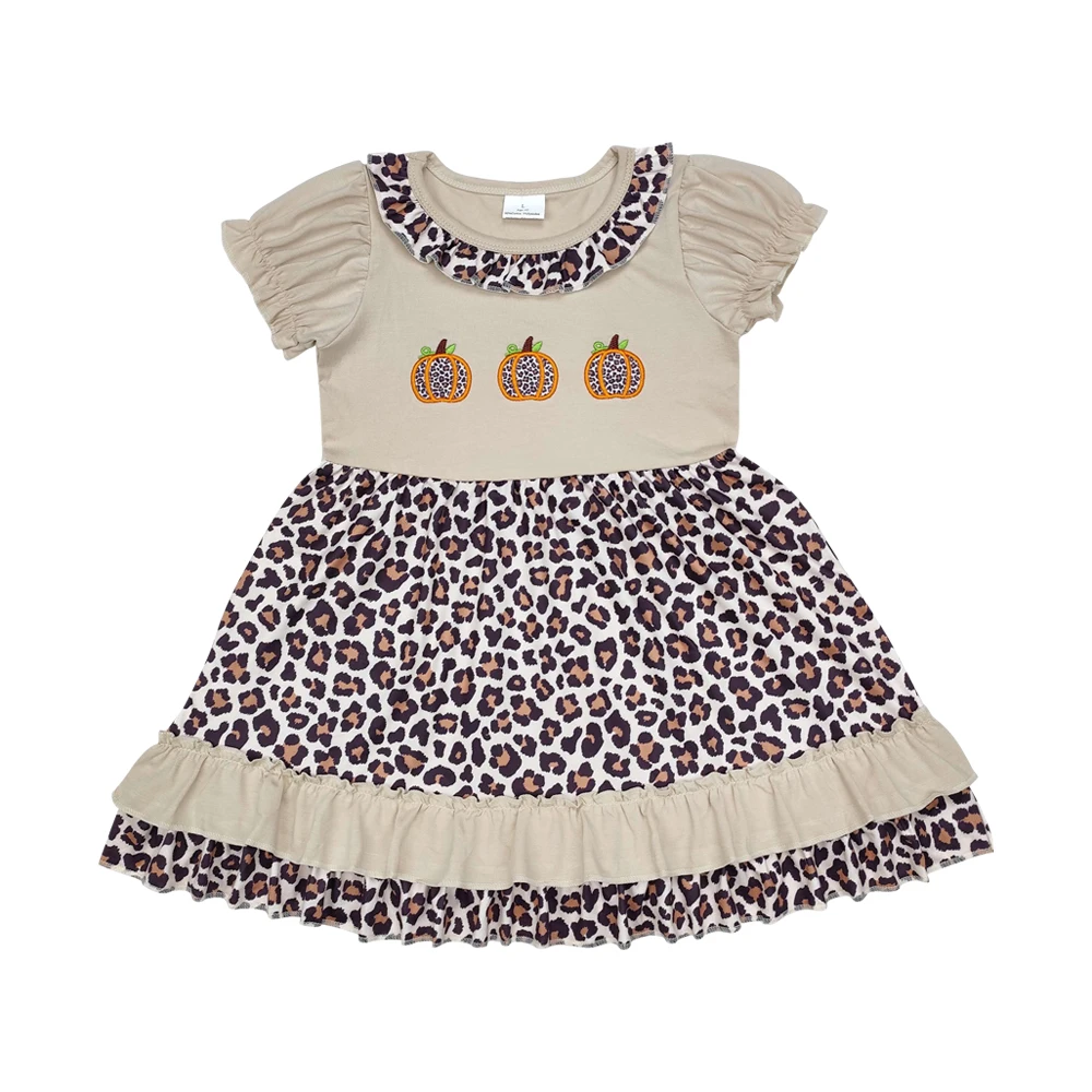 GSD1347 High Quality Embroidered Leopard Print Pumpkin Lace Short Sleeve Dress Girls Winter Western Clothes Children Wholesale