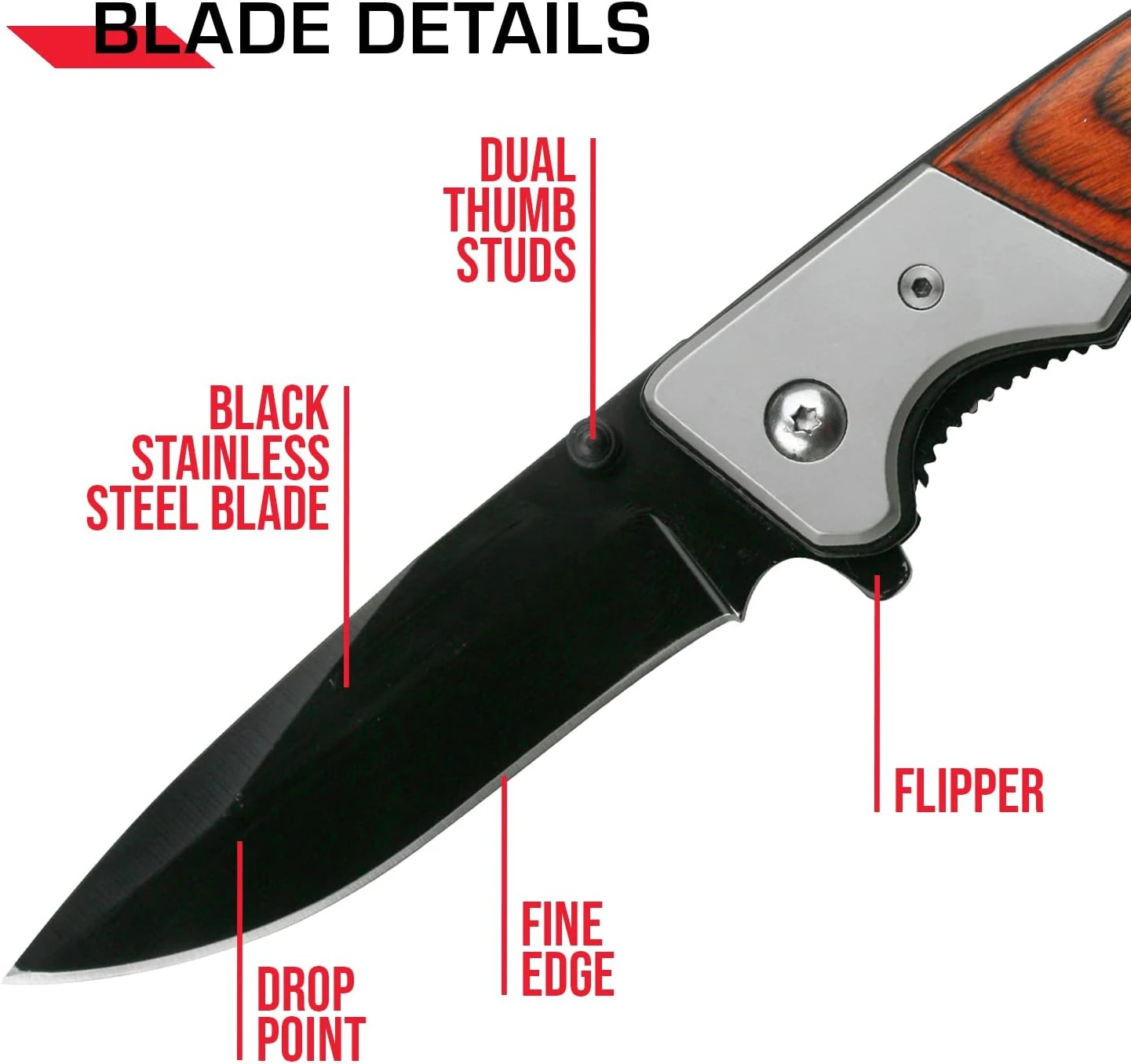 Folding Pocket Knife Stainless Steel Drop Point Blade, Brown Wood Handle with Stainless Steel  Pocket Clip, Tactical, EDC,