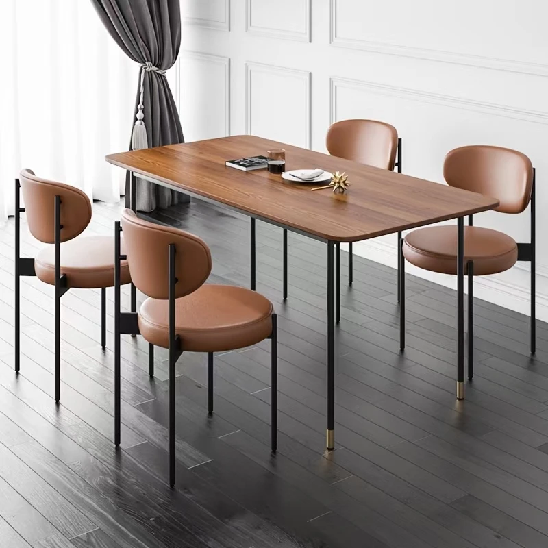 Wooden tabletop metal thin leg dining table chairs and table