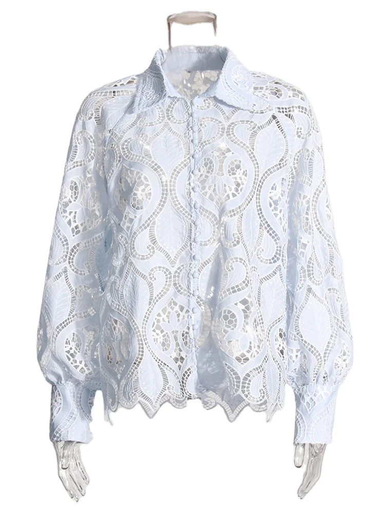 TWOTWINSTYLE 2024 Summer New Arrival Advanced Fabric Unlined Hollow Perspective Long Sleeve Sexy Blouse
