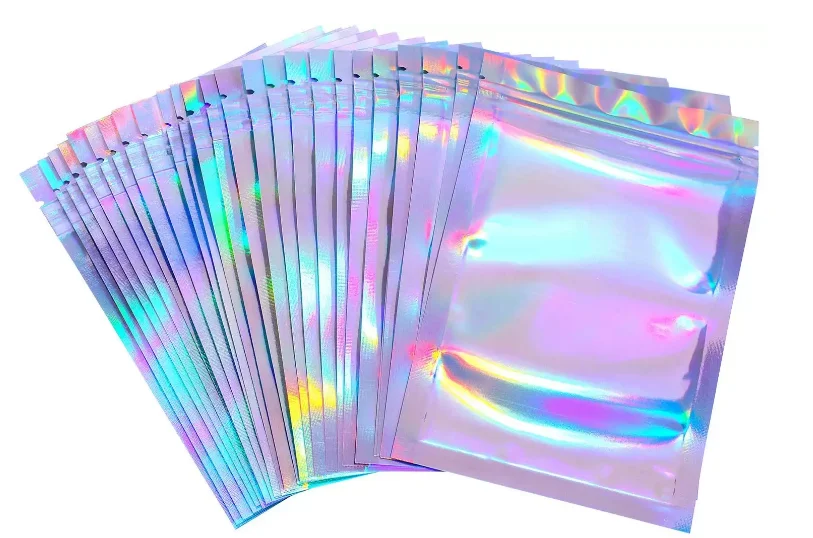 Wholesale Resealable Holographic Foil Pouch Bag,Glossy Holographic Three Side Seal Pouch Laser Film Packaging Bag with Window