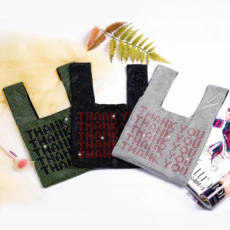 2021 new fashion bags and purses custom Thank You logo handbag shining full rhinestones handbags from china for ladies