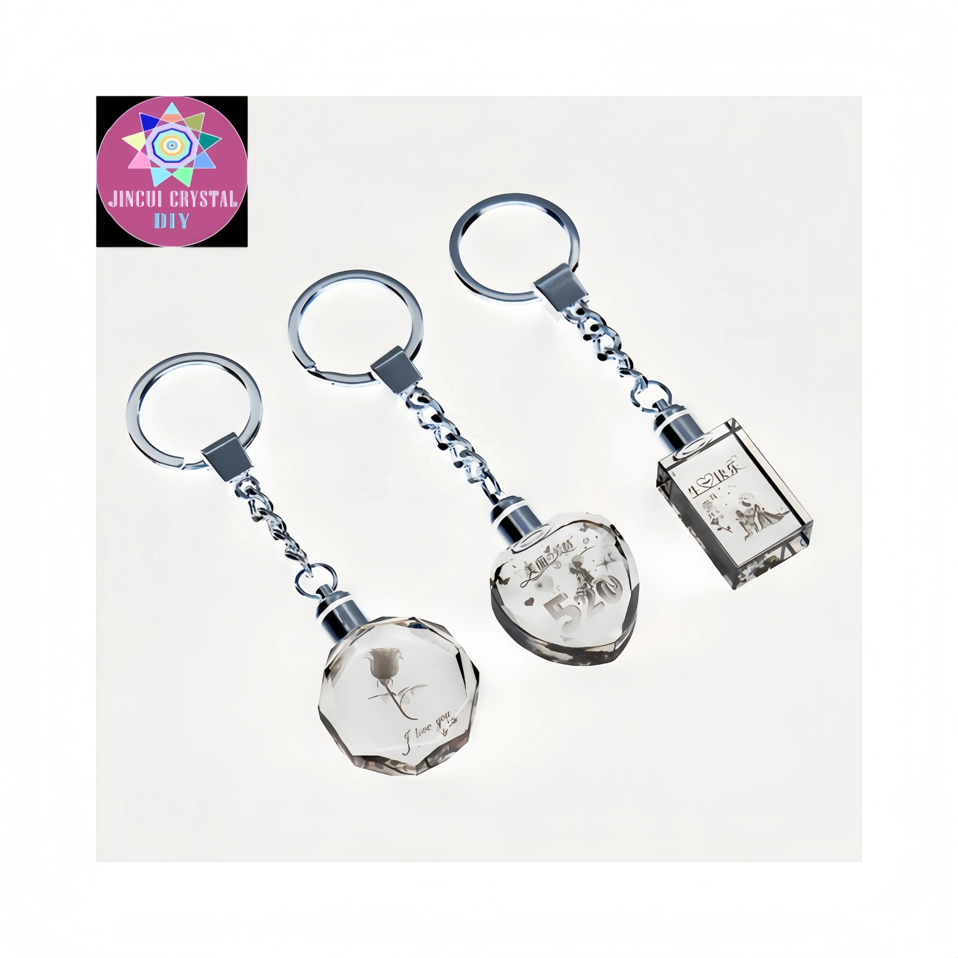 High Quality K9  Custom Carved Glass Keychain LED Flashing Family Photo Frame Souvenir Gift Custom Carve Crystal Chain