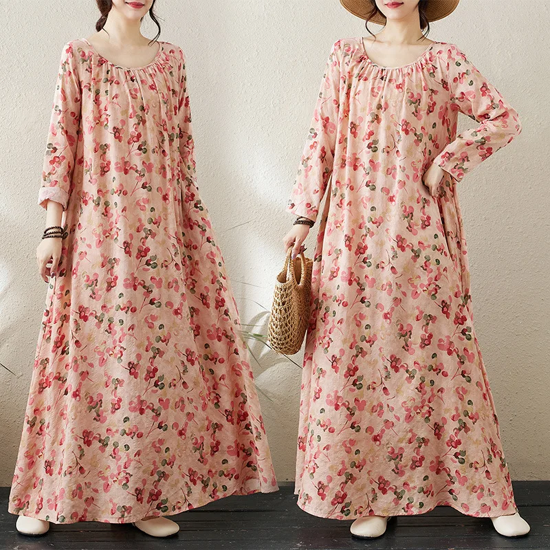 Autumn new round neck draw pleated slack lazy skirt minimalist long-sleeved holiday style casual loose dress