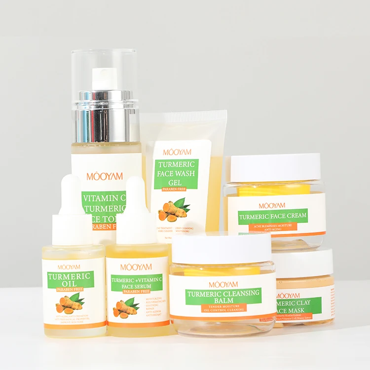 Private Label Skincare Sets Turmeric Organic Acne Treatment Facial Kit Brightening Anti Wrinkle Vitamin C Turmeric Skin Care Set