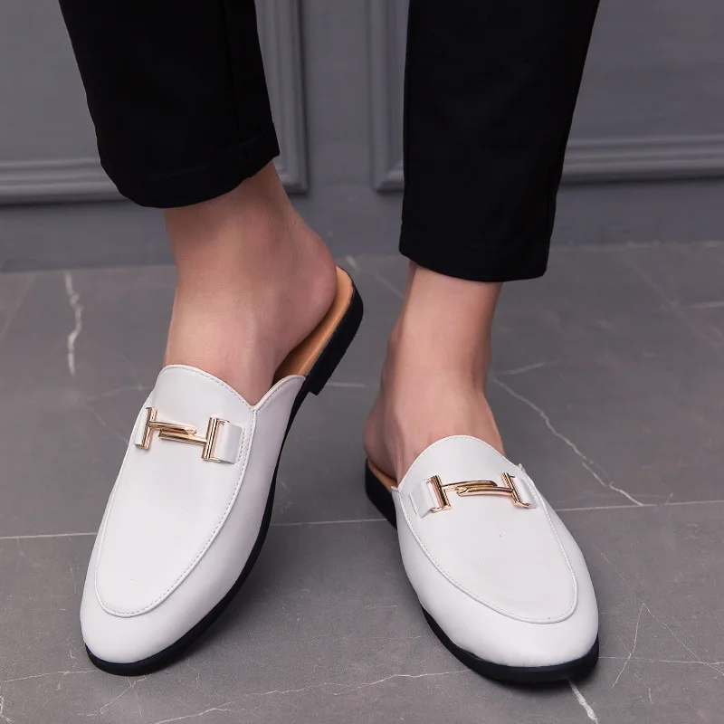 H36 summer flat shoes men leather slippers