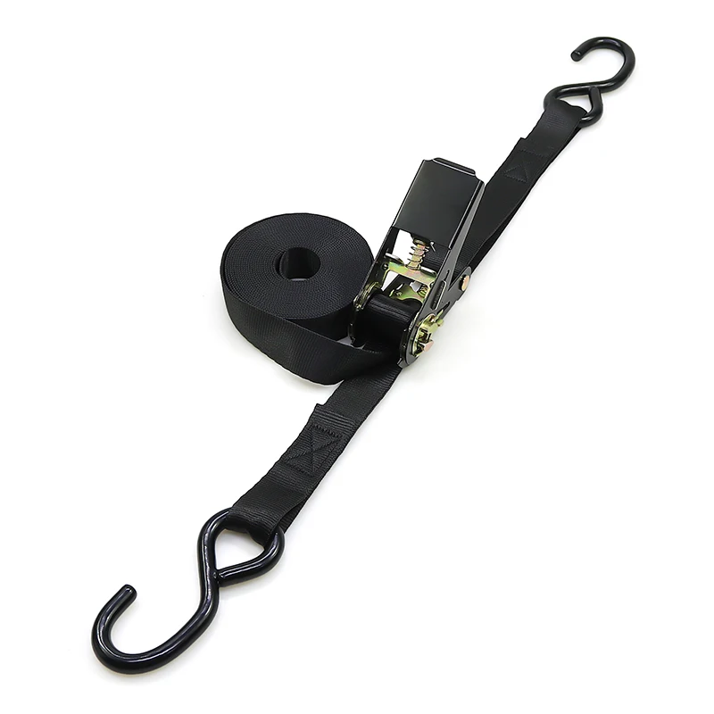 Wholesales 1 inch 800kgs Custom Black Plated Ratchet Tie Down Straps Cargo Lashing Belt 25mm Tensioner with  S hooks