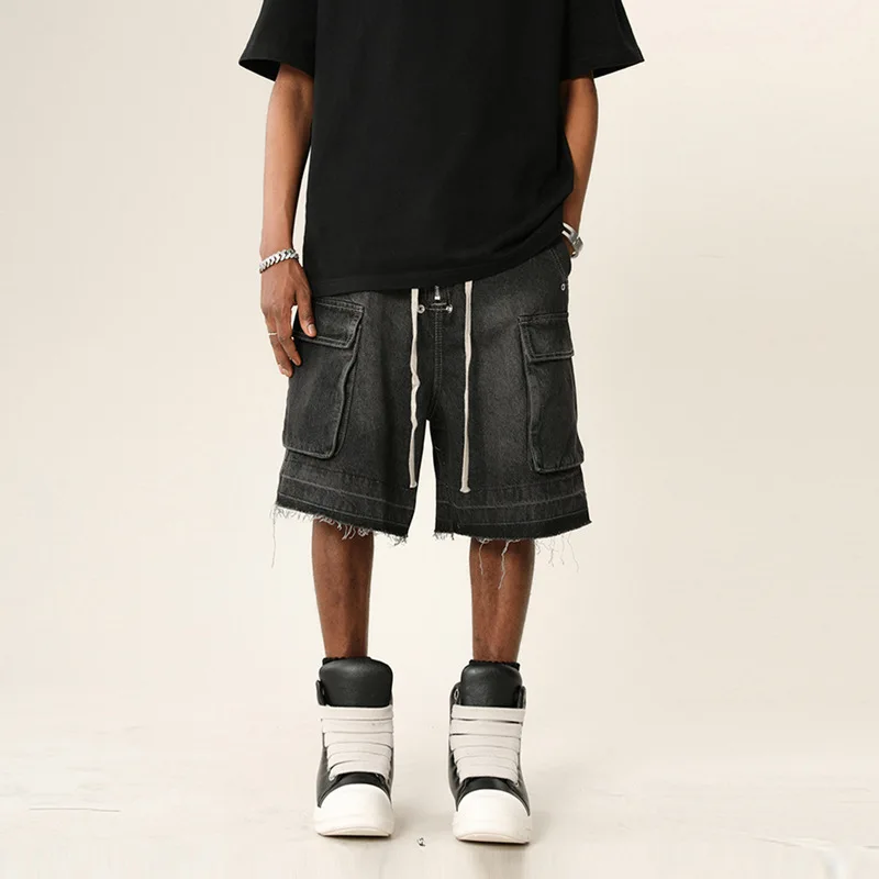 Retro Gradient Washed Worn-out Denim Shorts for Men, High Street, Multi Pocket, Satin Ribbon, Loose Wide Leg Five Quarter Pants