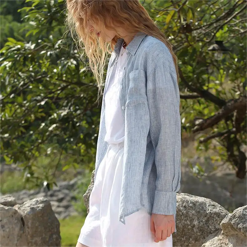 Wholesale OEM Casual Loose Long Sleeve Turn Down Collar Tops Blue White Stripe Button Shirt 100% Pure Linen Women Shirts Ladies