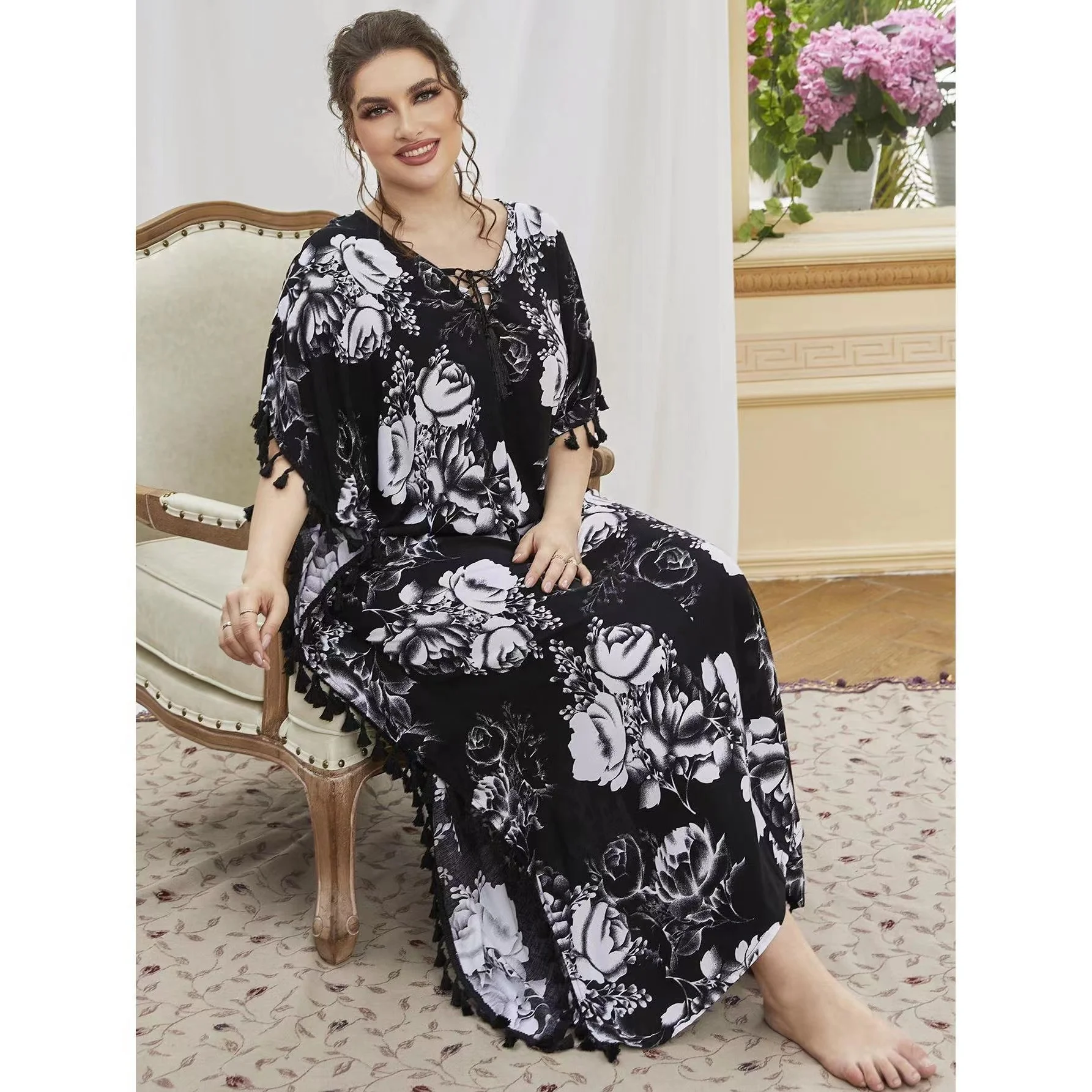 Plus Size Print Fashion Muslim Nightgown Casual Arabic Islamic clothing 4XL Soft Women Sleepwear Robe