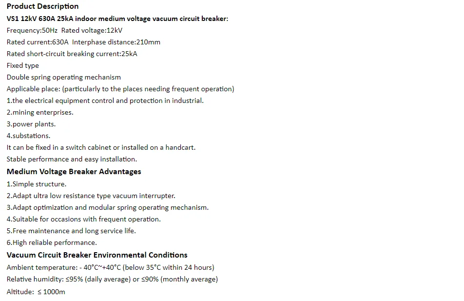 Alibaba Suppliers Price Indoor Vs1 12kv Vacuum Circuit