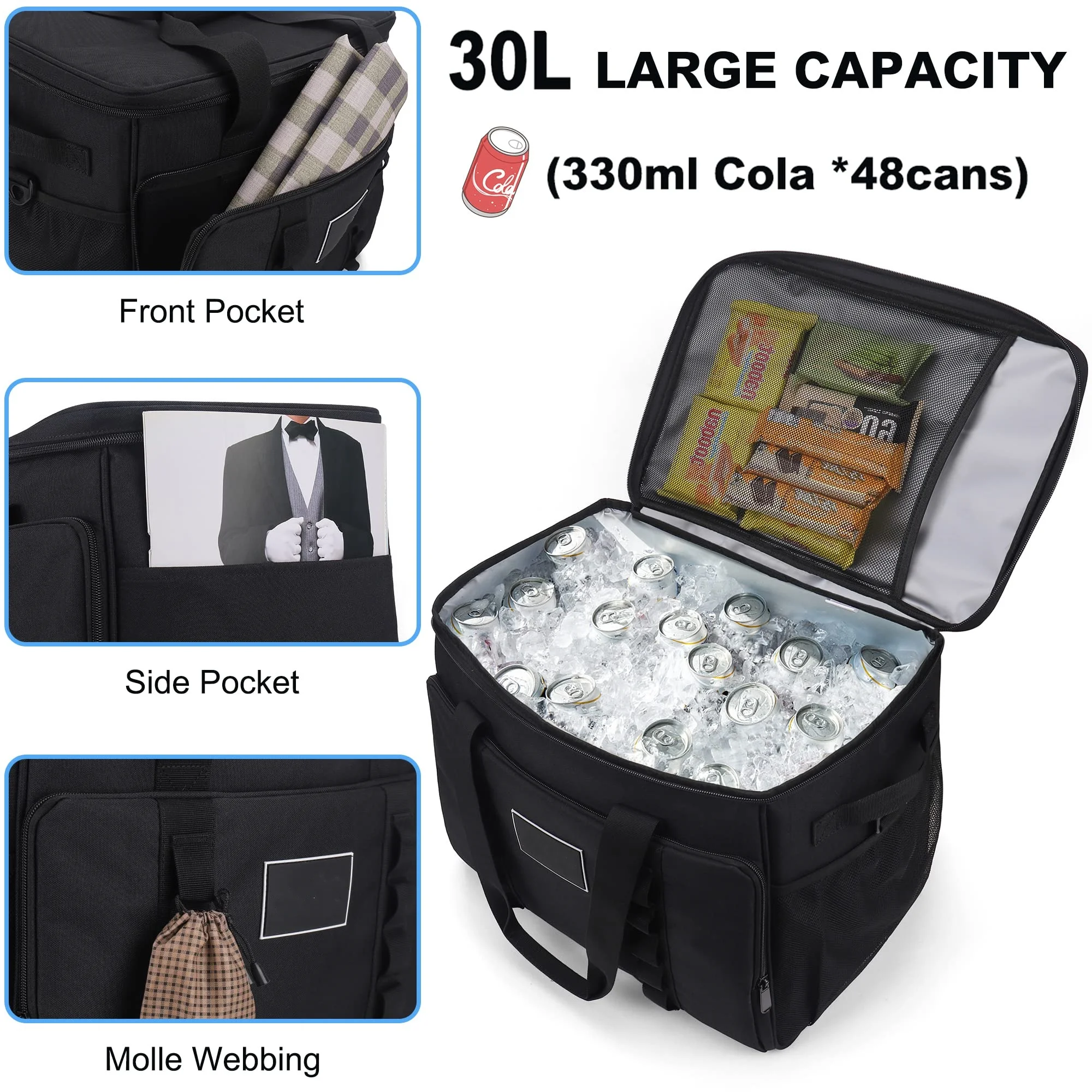 Custom Black Zipper Large Capacity Cooler Insulated Lunch Box Bag with Shoulder Strap For Women Men Adult