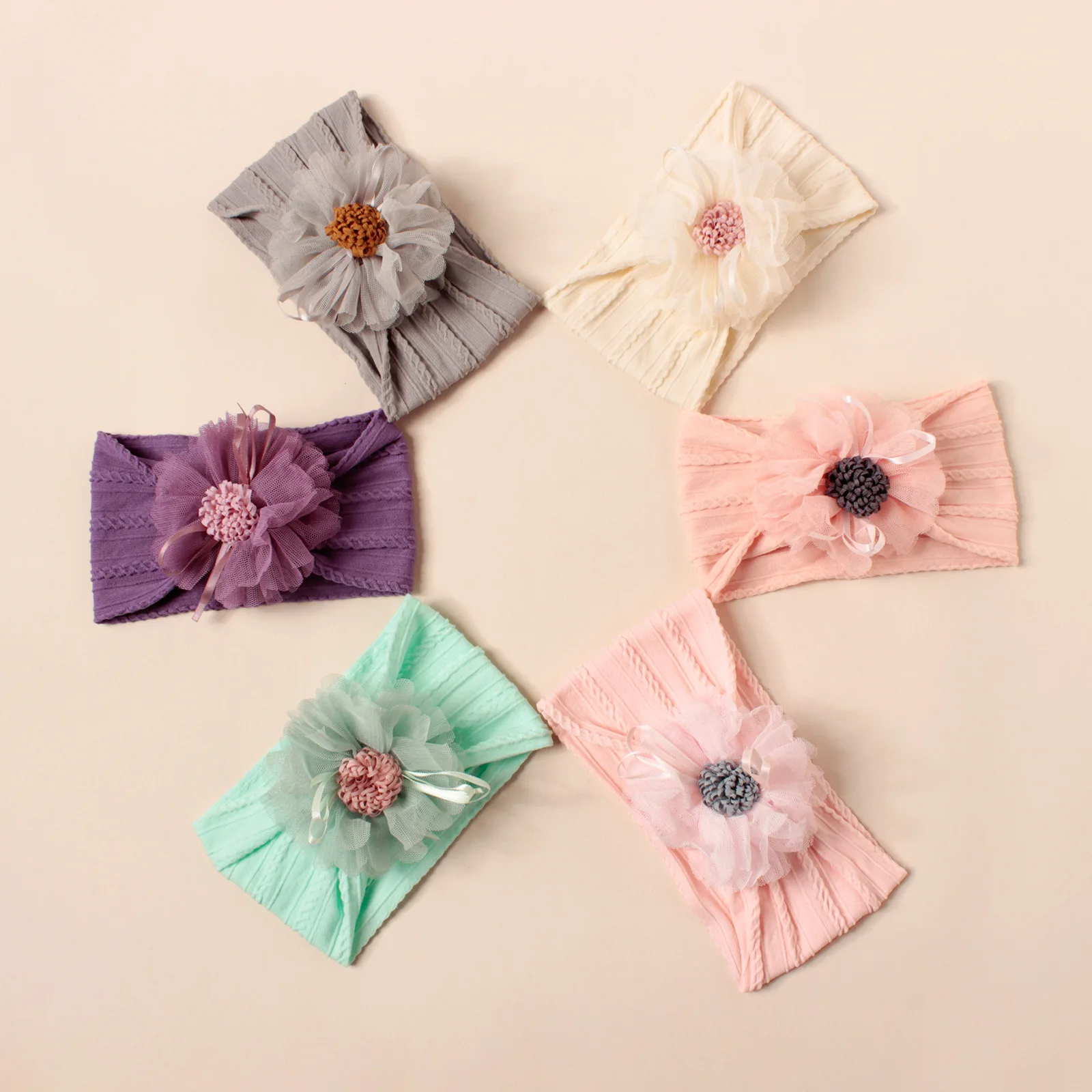Cable Baby Headband Big Flower Elastic Hair Bands For Girls Soft Nylon Turban Head Wraps Child Baby Hair Accessories