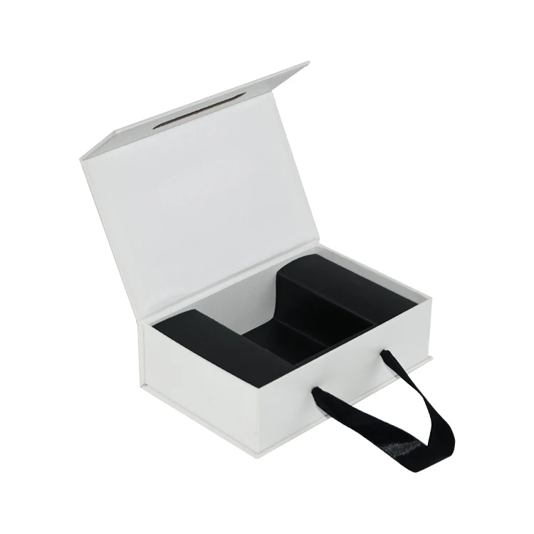 Luxury White Book Shaped Rigid Paper Magnetic Closure Gift Box with Ribbon for Art Earplugs