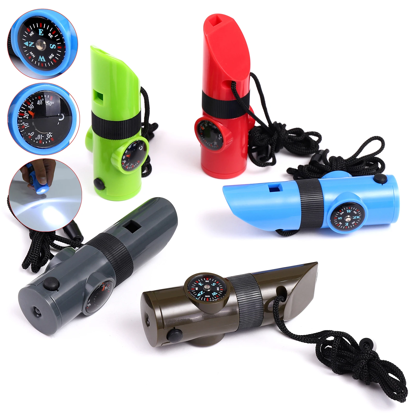 7 in 1 Multifunction Outdoor Tool Compass Thermometer Flashlight Survival Whistle