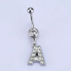 Bayes Initial Pave Clear Gem Dangling belly ring jewelry Alphabet Letter Surgical Steel belly button rings