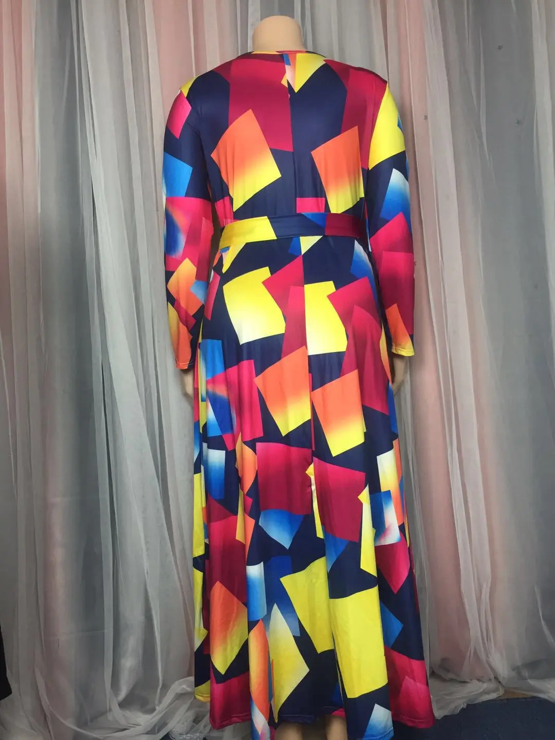 Hot Selling Dress Lady Plus Size Colorful Printed Long Sleeve Sexy V Neck Wrap Dress African Clothing Plus Size Dresses Summer