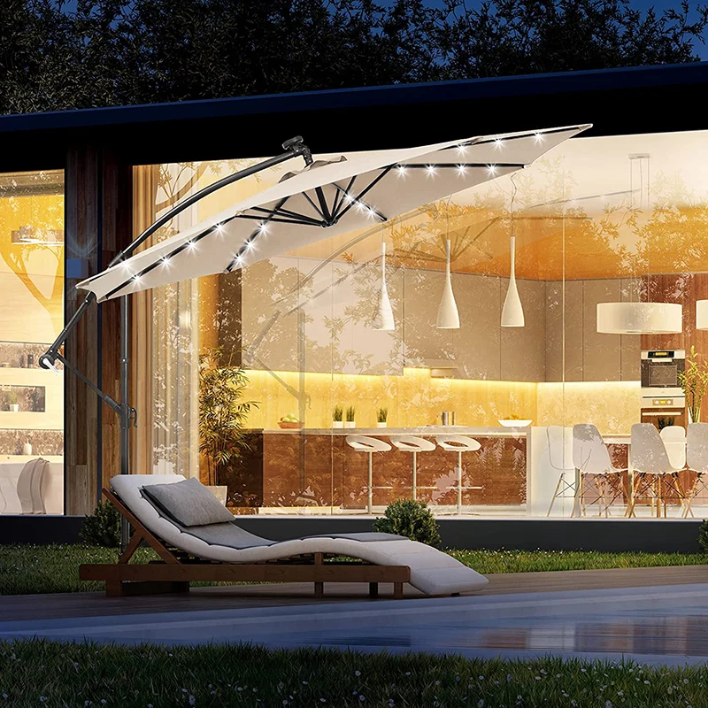 Hot trend outdoor patio led umbrella cantilever 3m garden umbrella led light offset patio umbrella with led solar