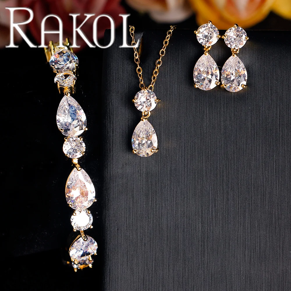 RAKOL SP272 Simple Teardrop Crystal Gemstone Zircon Chain Necklace Earrings Jewelry Set