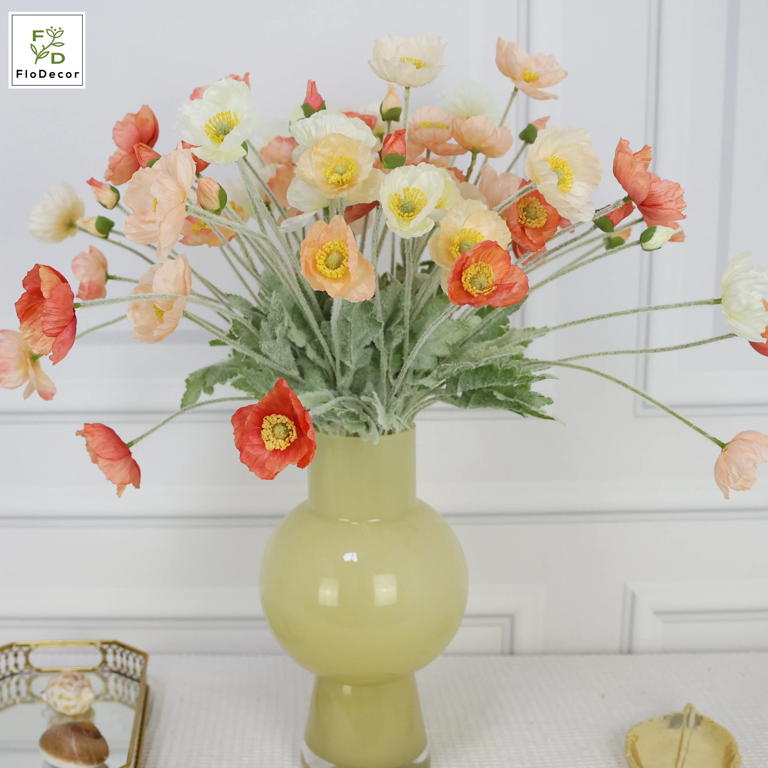 Artificial Silk Poppy Flower Flocked Stem Foldable Home Decoration Table Center Piece Wedding Pink Red Orange Cream