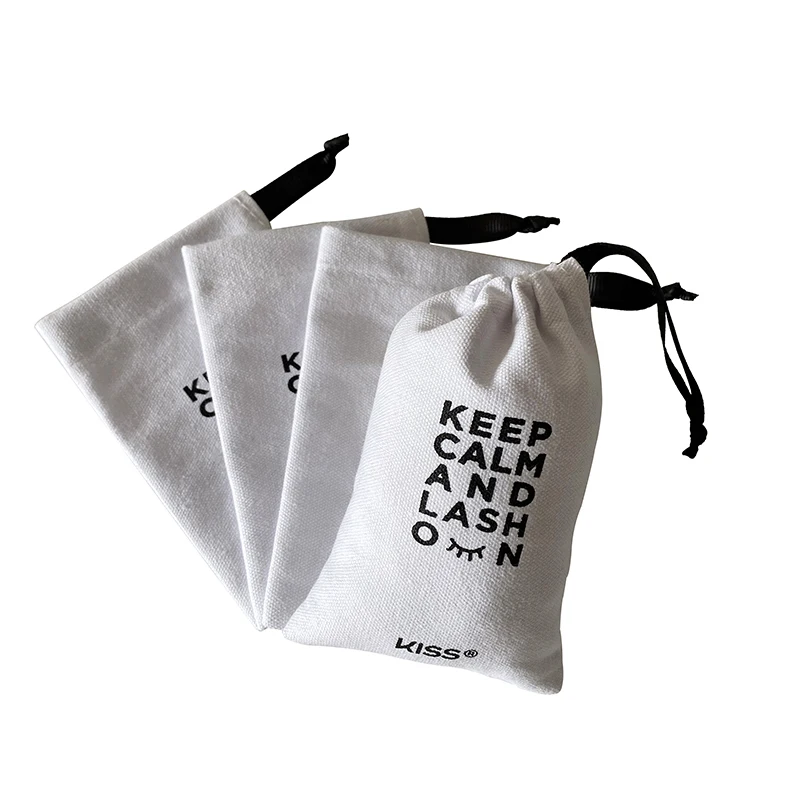 Custom Logo High Quality 9X14CM White 10OZ Cotton Eyelashes Bags With Ribbon drawstring
