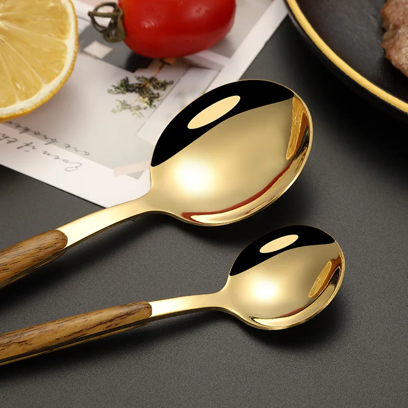 Manufacturer Wholesale Top Seller 2023 Amzn Stainless Steel Simulated Wooden Handle Gold Flatware Set