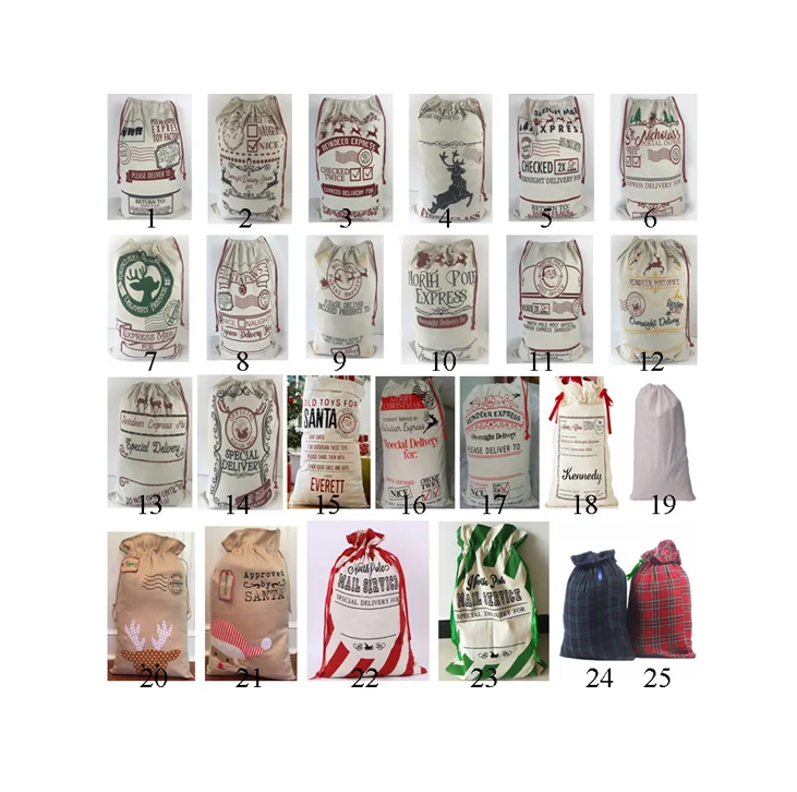 Factory Custom Sublimation Canvas Christmas Santa Sack Red Drawstring Stripe Candy Bag Linen Plaid Blank Large Cotton Gift Sack