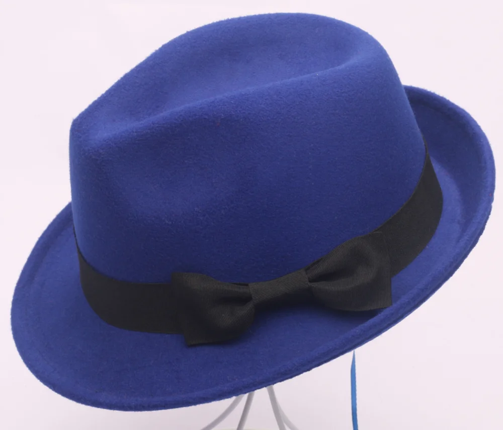 
Women Men Felt Fedora Trilby Jazz Hat Gangster Cap Short Brim felt fedora hat cap with Black bowknot Ribbon Band 