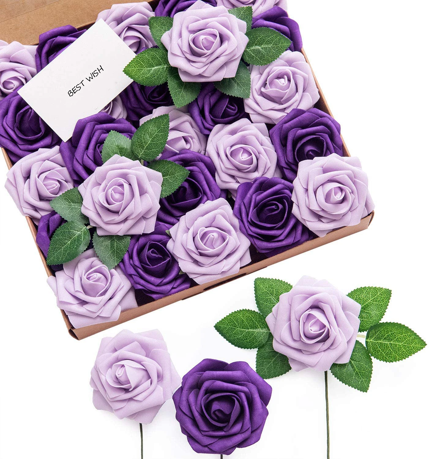Artificial Rose Flower Box Set 25PCS Lilac & Purple Realistic artificial Roses for DIY Wedding Bouquets Party Home Decorations