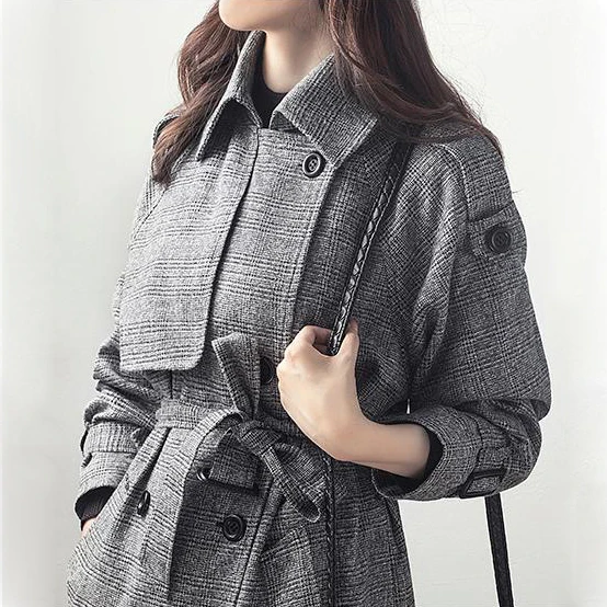 Jtfur Casual Vintage Lady Spring Autumn Women Jackets Houndstooth Trench Coat