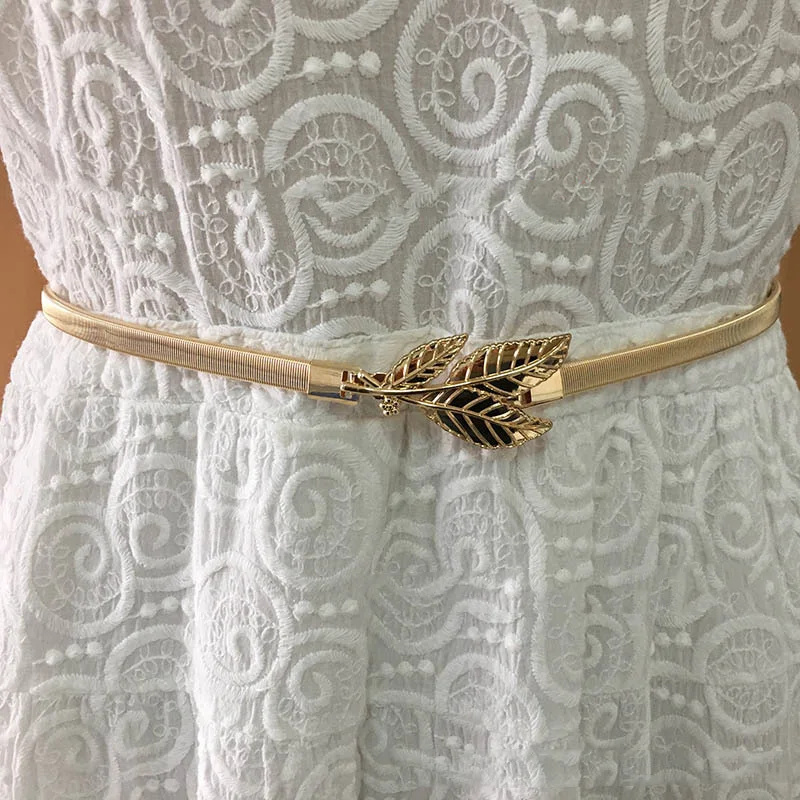 Leaves Shaped Elastic Slim Metal Belt for Dress Women Gold Tight Ladies Waist Belt