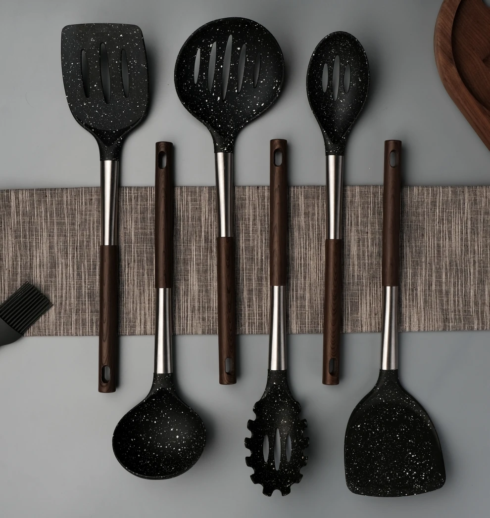 Fashion black Eco-friendly Wooden stainless steel handle Silicone Kitchen Accessories household tools