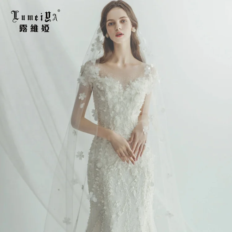 Puff Sleeves Satin Bridal Wedding Dress Muslim Mermaid Bridal Gowns Wedding Dress Champagne Wedding Gowns Dresses Bridal