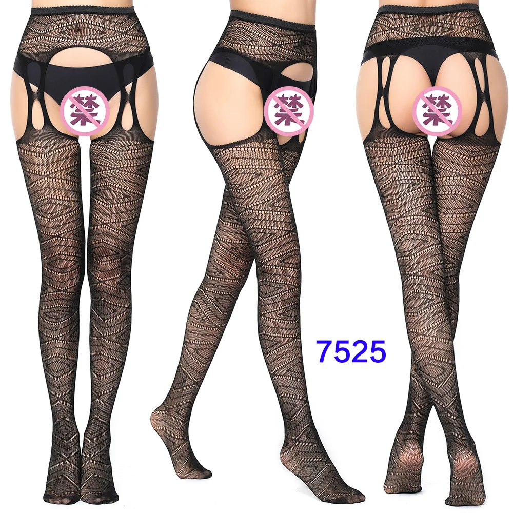 Sexy Hollow Lace Jacquard Leggings Pantyhose Ladies Open Crotch Fishnet Socks