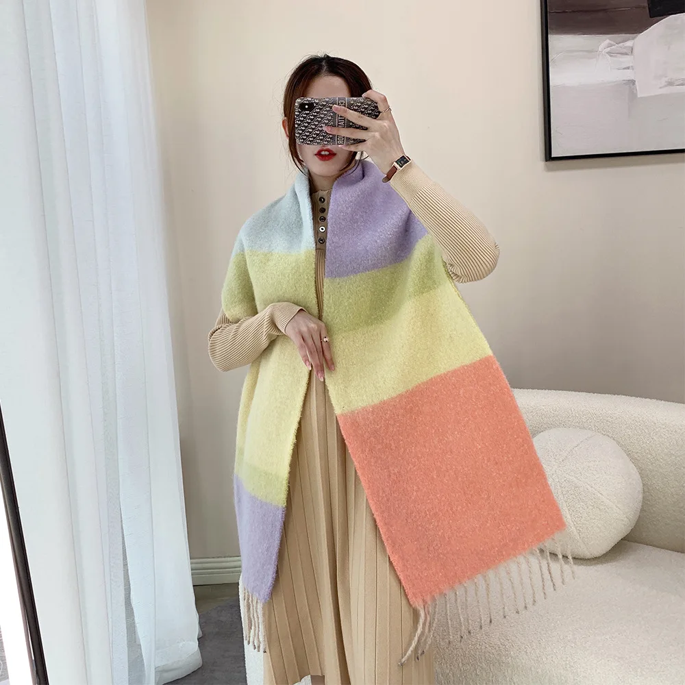 autumn and winter new sweet rainbow like cashmere plaid tassel shawl muffler scarf for women