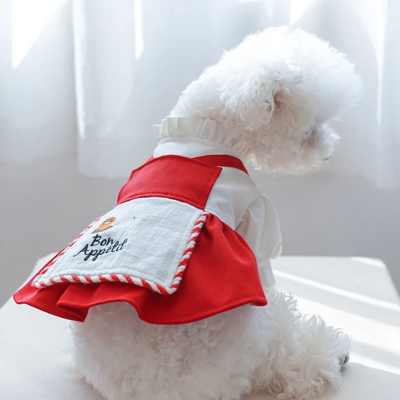 French Style White Red Pet Dresses for Dogs Cats Summer/Spring Solid Pattern Polyester Sustainable Cute Design for Small Animals